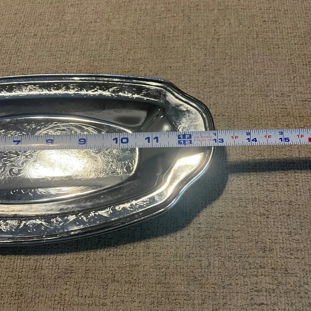 Vintage International Silver Co Oval Serving Platter Floral Embossed USA 12.5